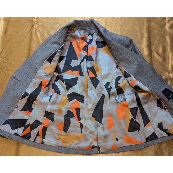 Ted Baker Virgin Wool Blazer Size 3 Gray Shawl Collar Abstract Lining 26in - Picture 3 of 9